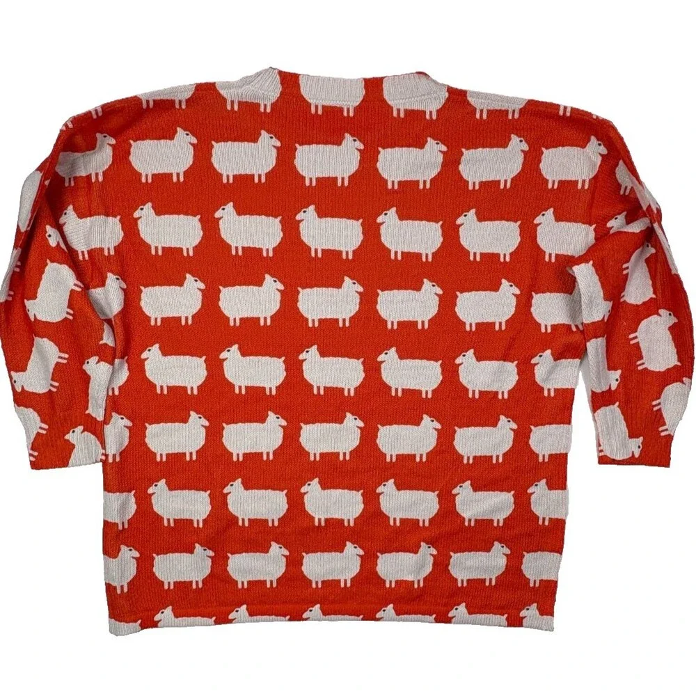 Women’s Bright Red Crewneck Sweater with Sheep Motif - Picture 2 of 12